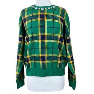Rachel Zoe Long Sleeve Green Yellow Black Plaid Sweater Jeweled Neckline XL NWT